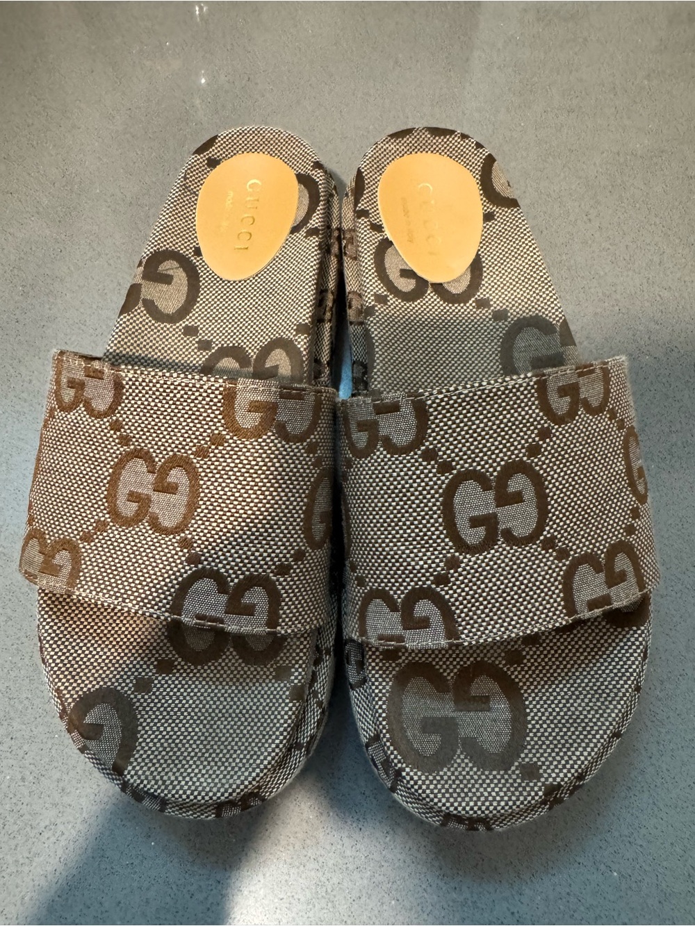 Gucci Beige Brown GG Canvas Slide Sandals